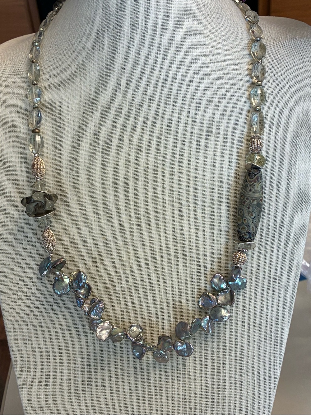 Iridescent Gray Green Freshwater Pearl, Sterling Silver & Glass Bead Necklace